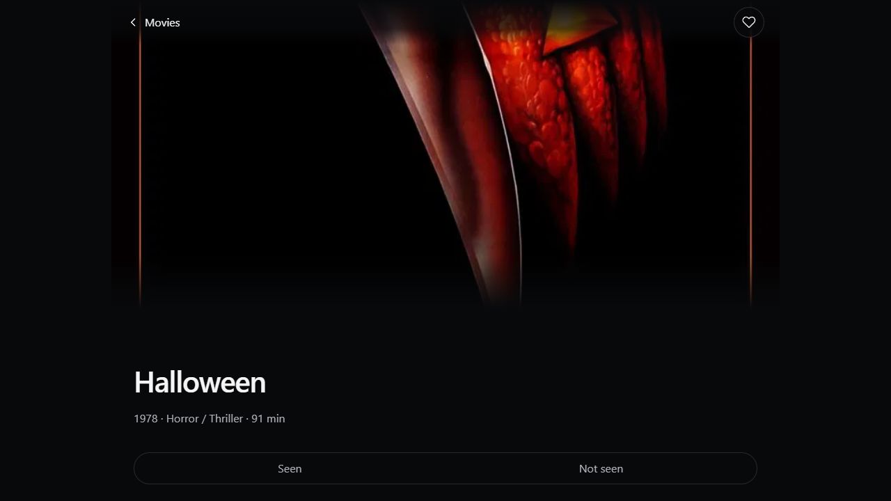 FlickPick detail view for Halloween with film information and Seen and Not seen controls.