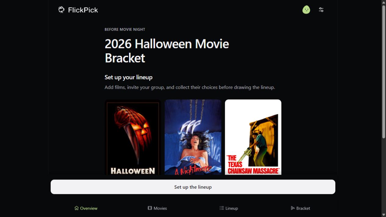 FlickPick Halloween movie-night overview with featured films and navigation for Movies, Lineup and Bracket.