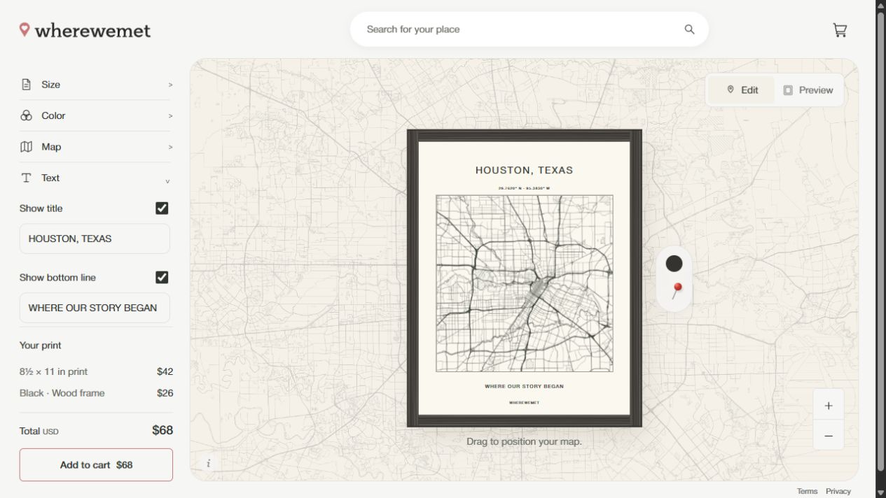 WhereWeMet text controls for the title and bottom line alongside the framed Houston map.
