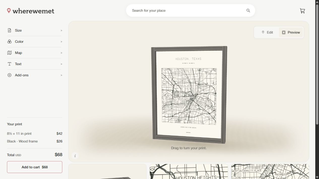 WhereWeMet 3D preview of a black-framed Houston map, with rendered detail thumbnails below.