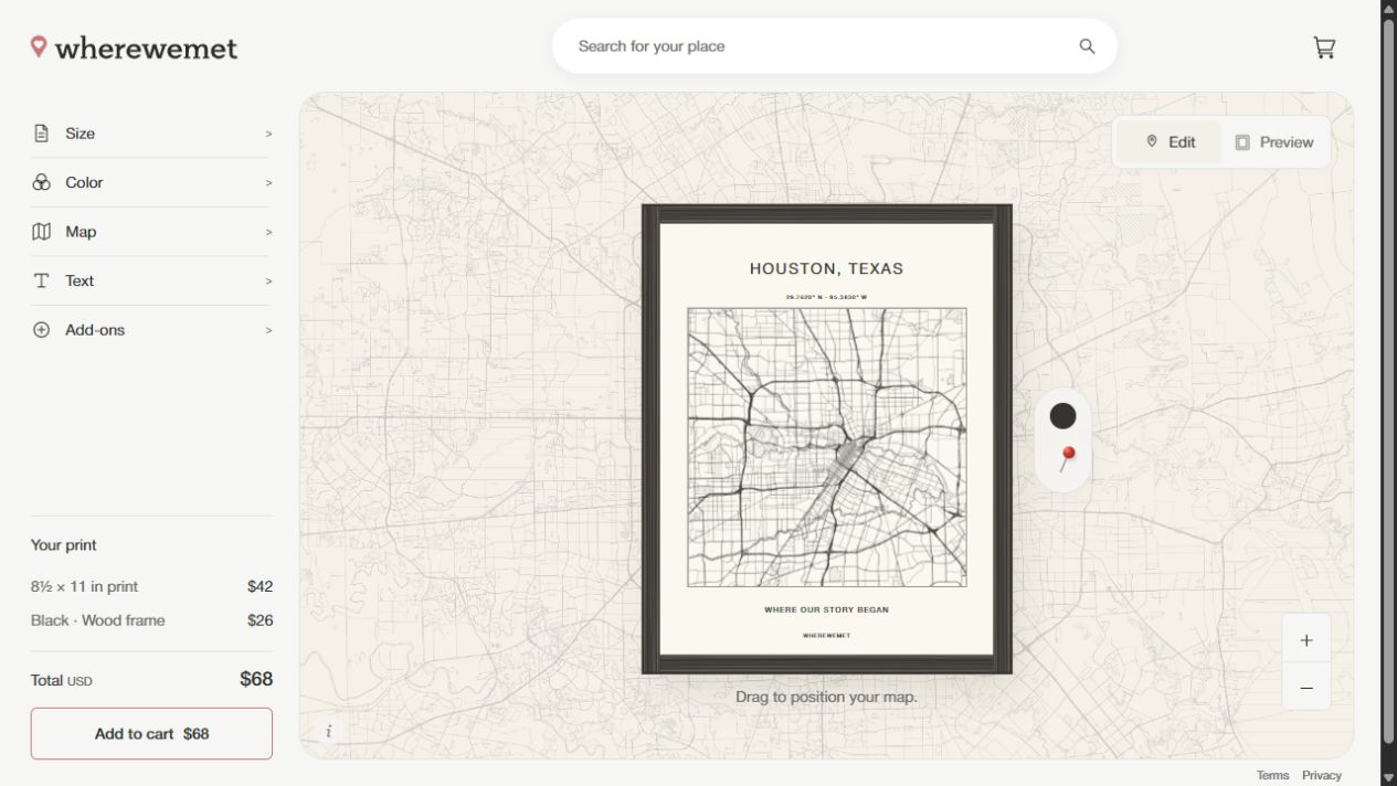 WhereWeMet editor showing a framed Houston map beside size, color, map, text and add-on controls.